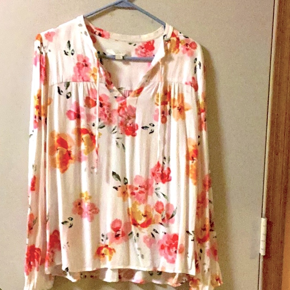 LOFT Pink and Orange Blouse with Mandarin Collar and Pleated Style